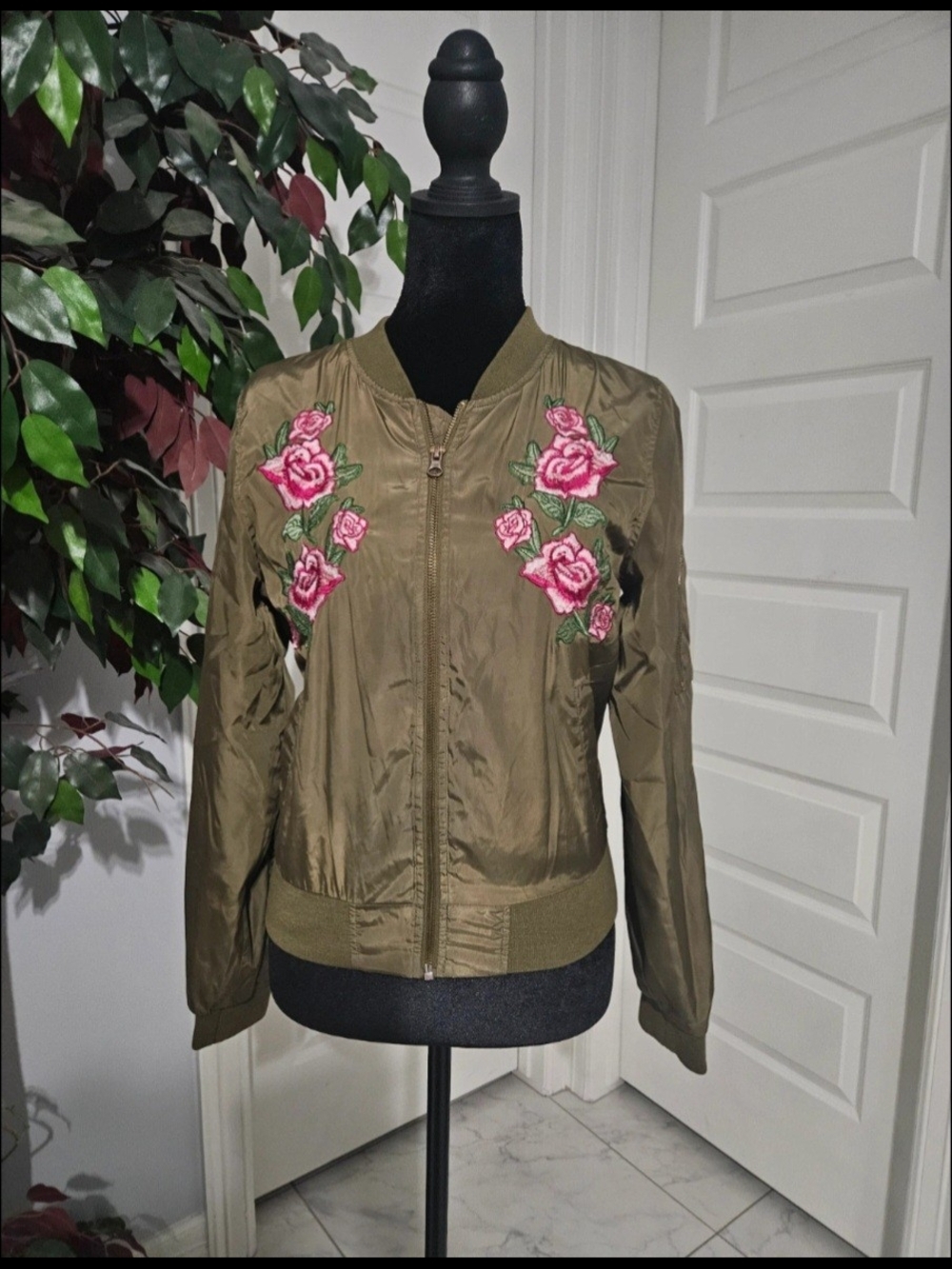 Love Tree Olive Green Bomber Jacket with Pink Rose Embroidery